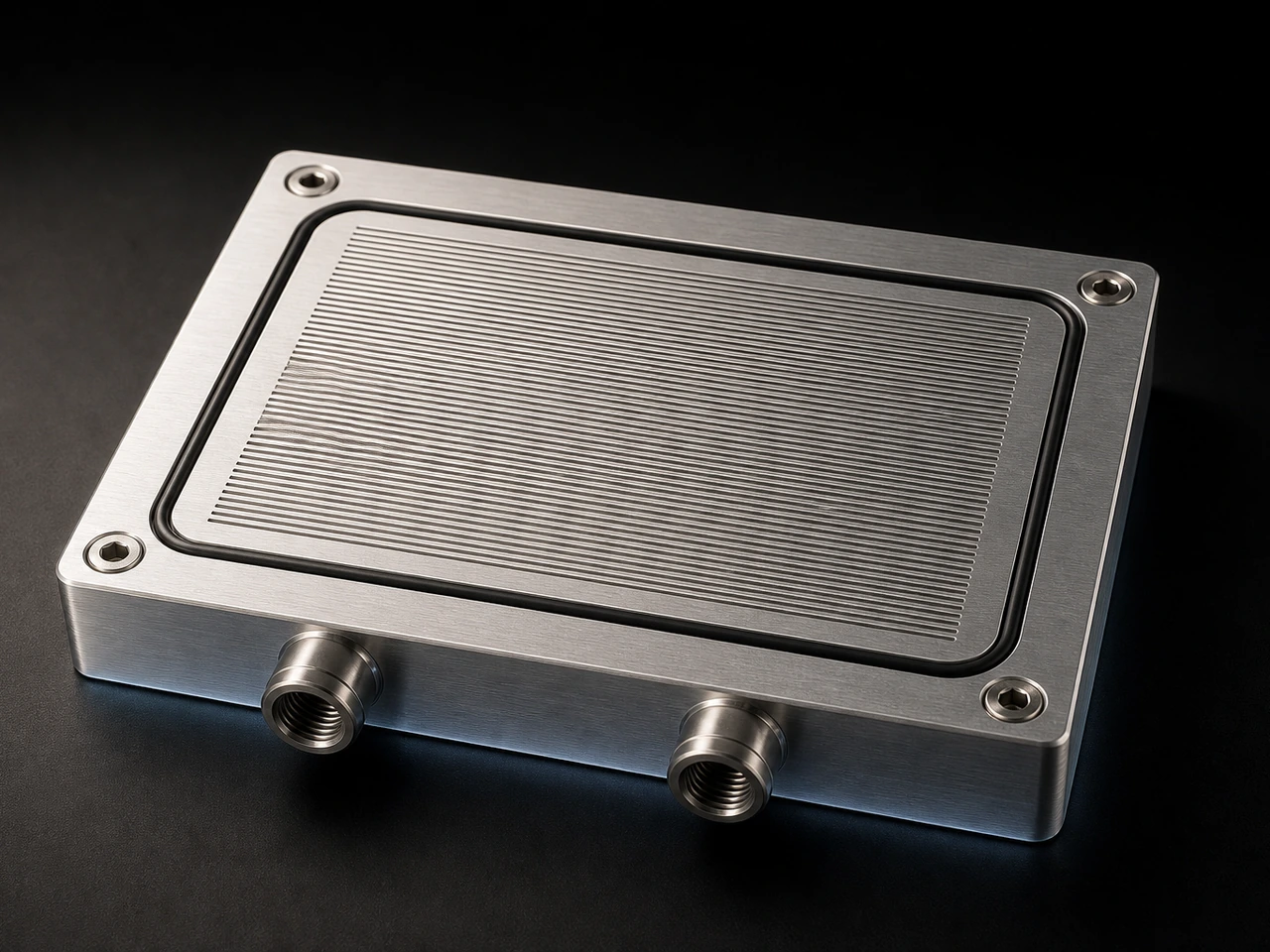 Aluminum direct-to-chip cold plate with two threaded coolant ports, a captured EPDM o-ring around the channel field, and four corner mounting screws, photographed on a dark studio surface