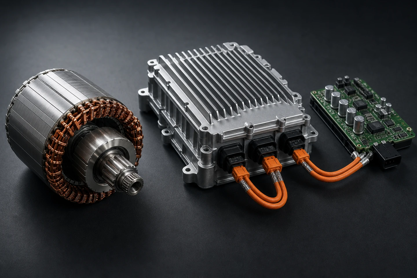 EV drive unit decomposed into stator, inverter housing, and HV PCB on charcoal
