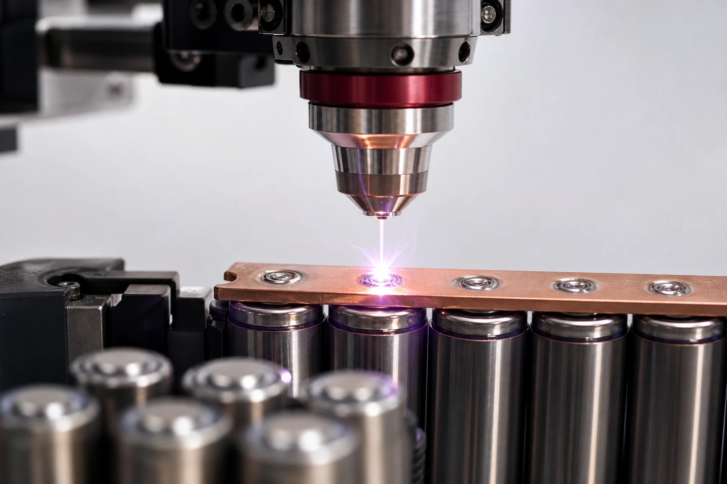 Pulsed-fibre laser welding copper busbars to a battery module on a precision fixture