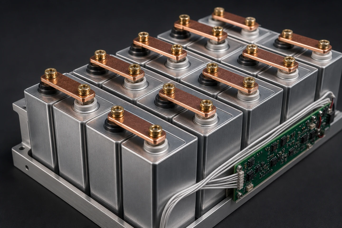 A pouch-cell battery module with laminated busbars, BMS slave board, compression plates, and cooling pad