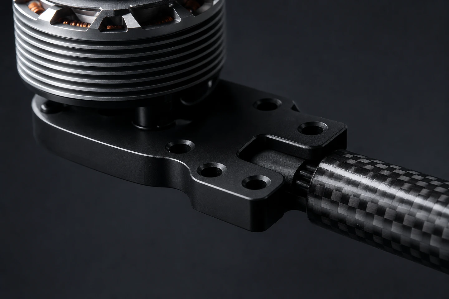 Topology-optimised drone motor bracket on a charcoal backdrop