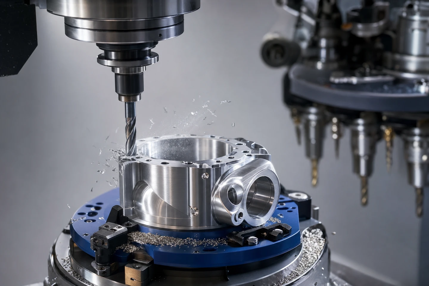 A 5-axis CNC machining centre cutting an aluminum robotic joint housing