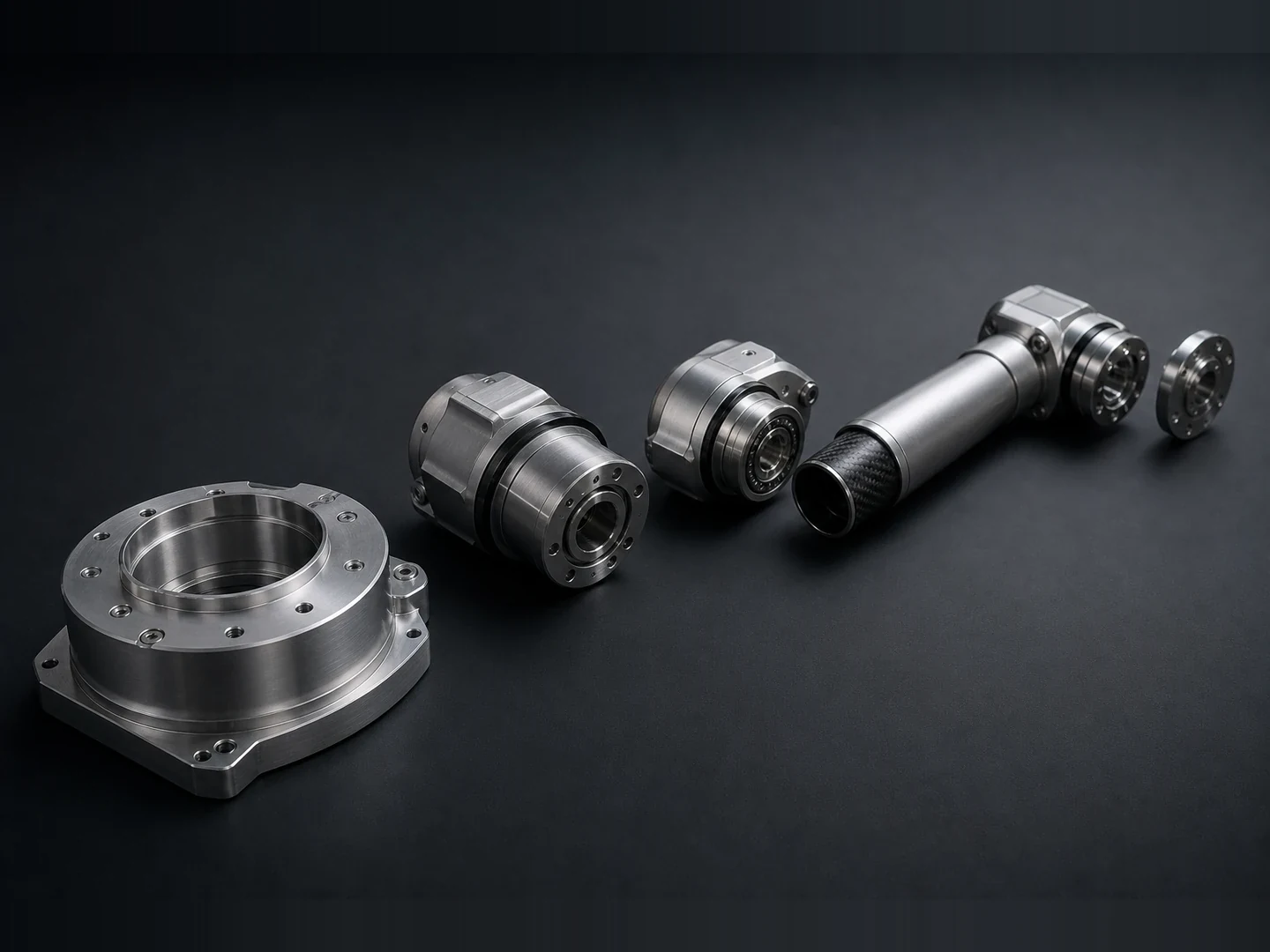 Exploded view of a 6-DOF cobot arm laid out on a charcoal-grey backdrop