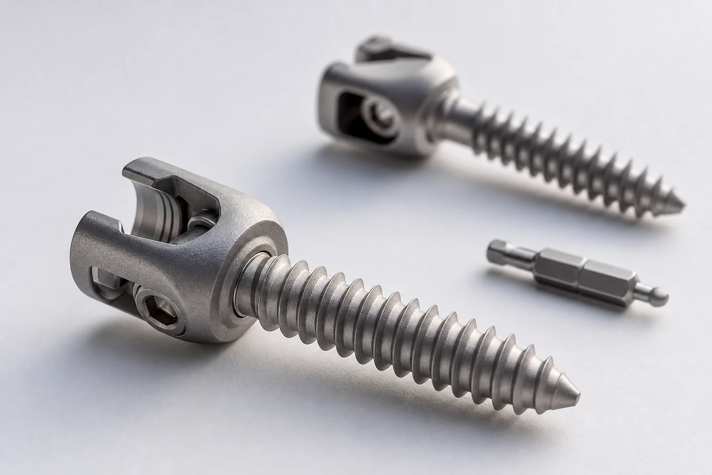 Re-usable polished titanium surgical instrument on a charcoal backdrop
