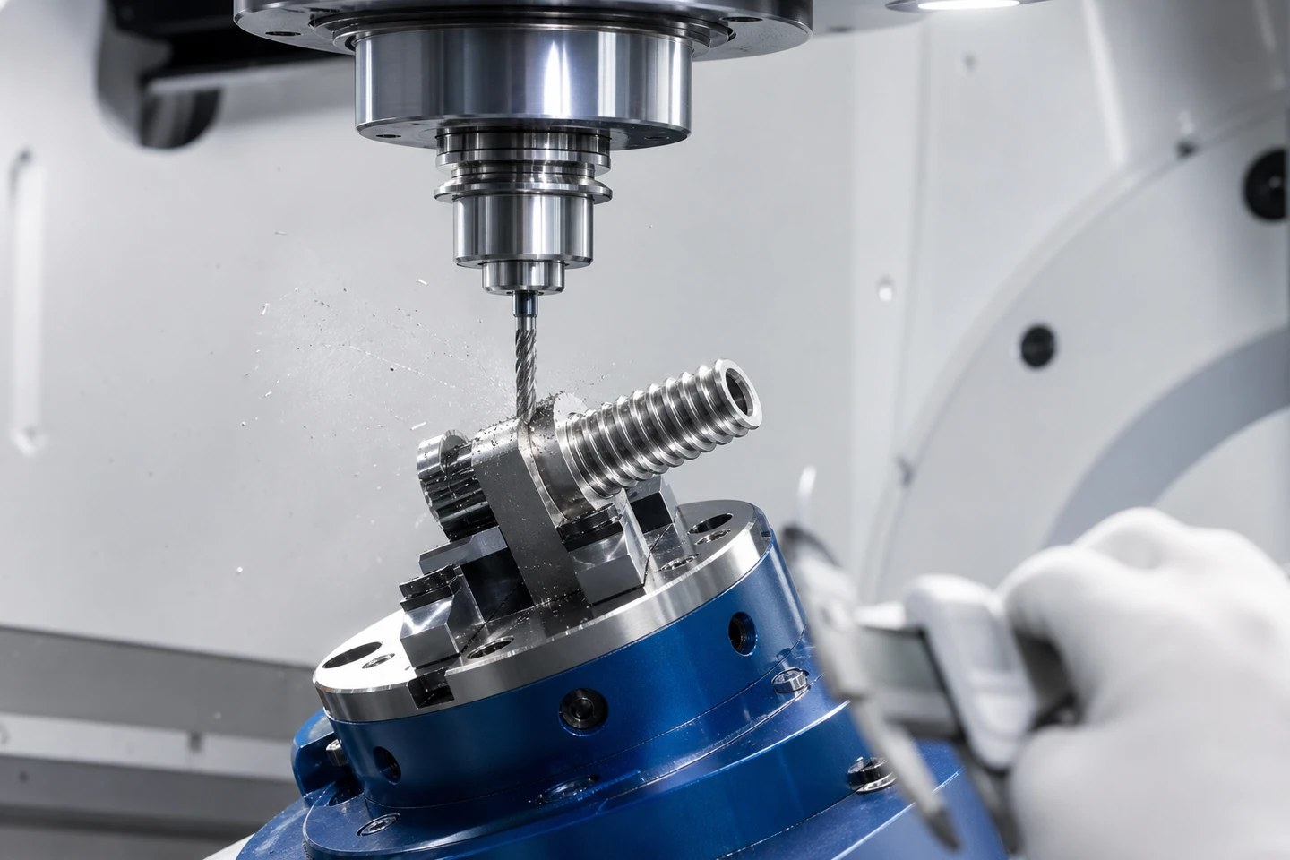 A 5-axis CNC machining centre cutting a titanium implant in a cleanroom-adjacent cell