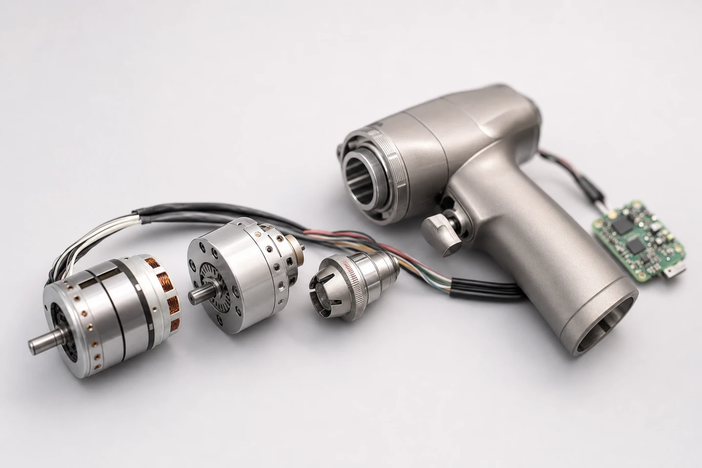 Disassembled surgical handpiece showing motor, gearbox, chuck, and housing