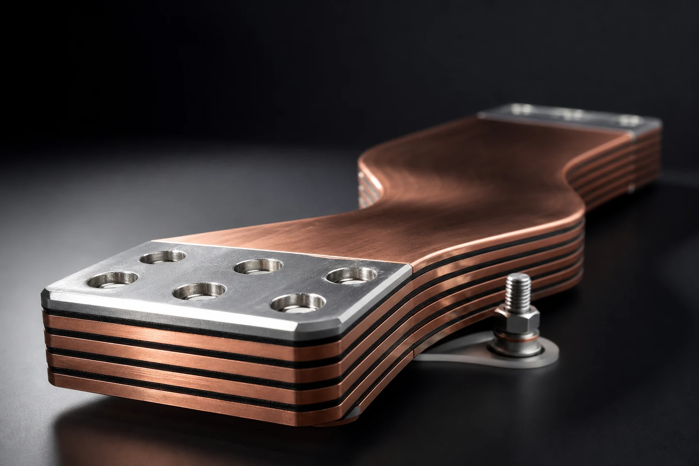 Polished laminated copper busbar with silver-plated contact ends