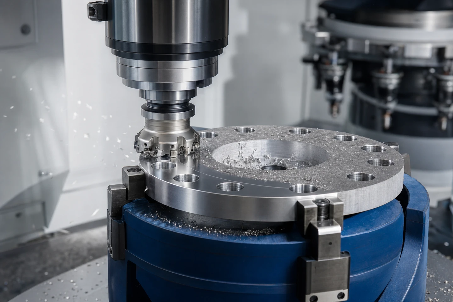 A 5-axis CNC machining centre cutting a transformer-bushing flange