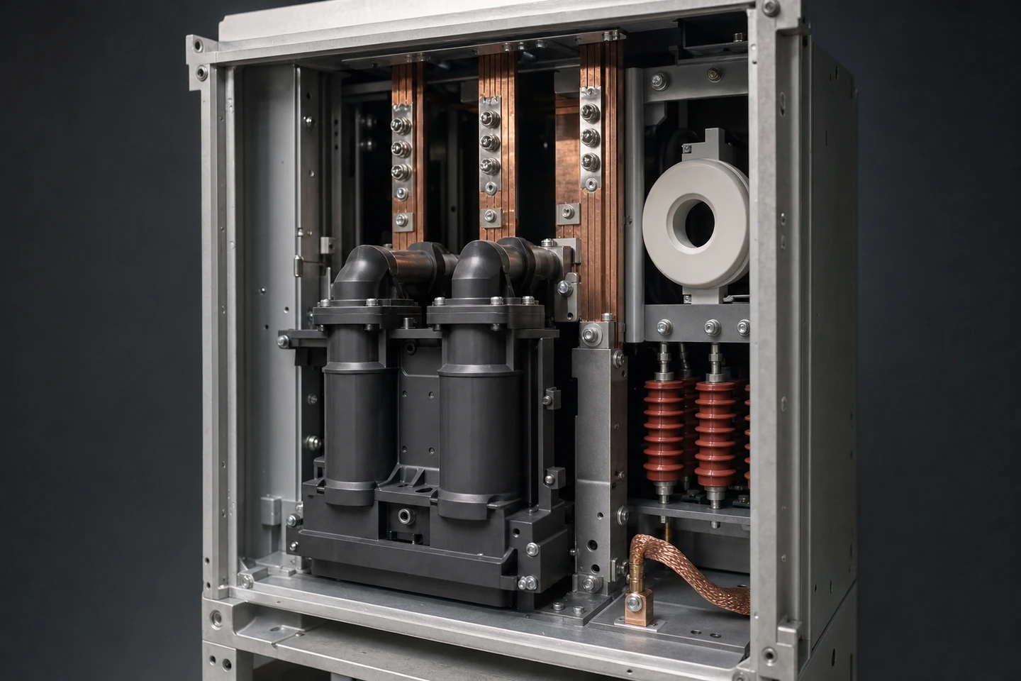 Open MV switchgear cabinet with copper busbars, vacuum interrupters, surge arresters