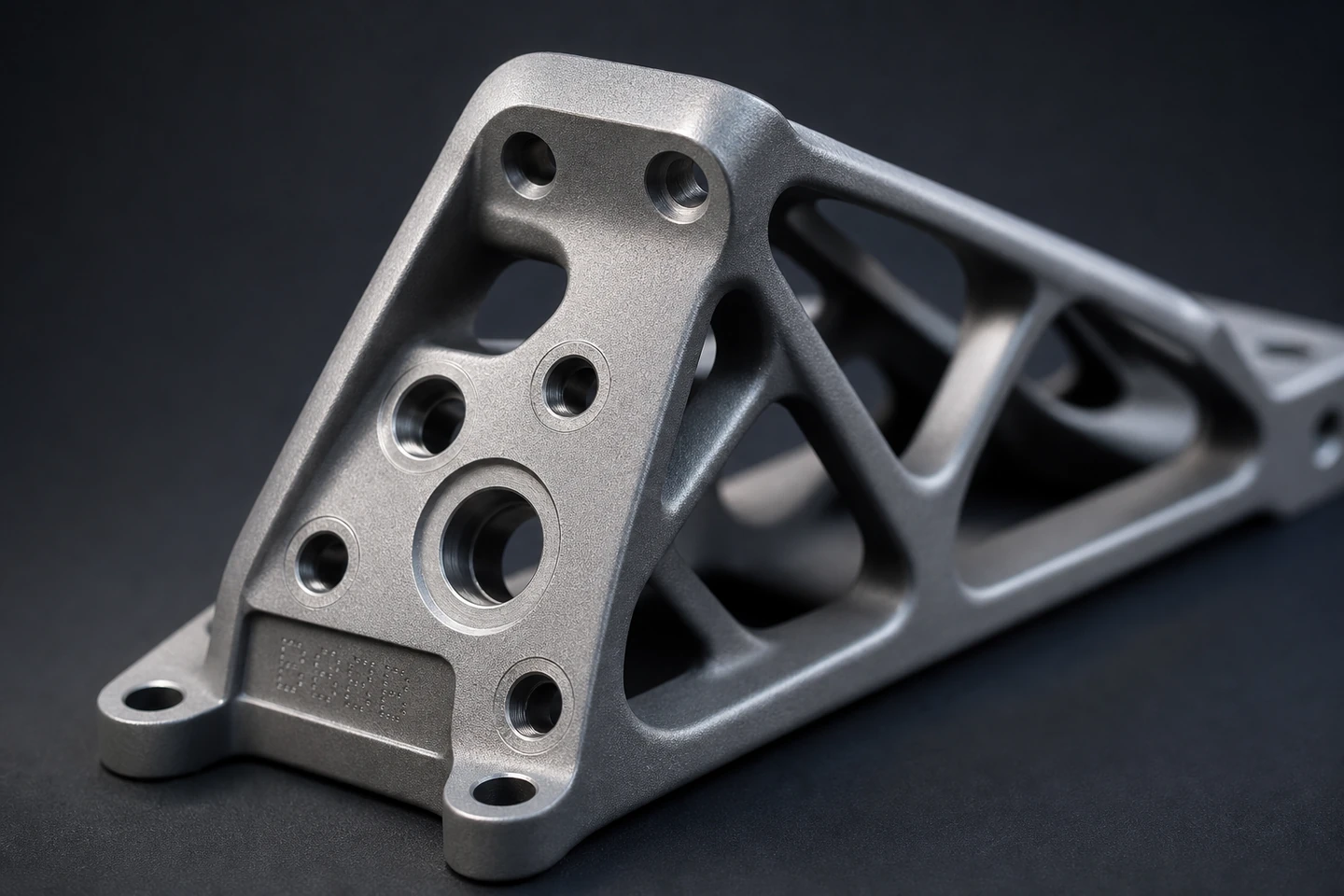 Topology-optimised titanium aerospace bracket on a charcoal backdrop