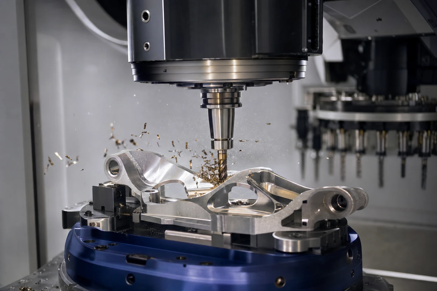 A 5-axis CNC machining centre cutting a titanium aerospace bracket