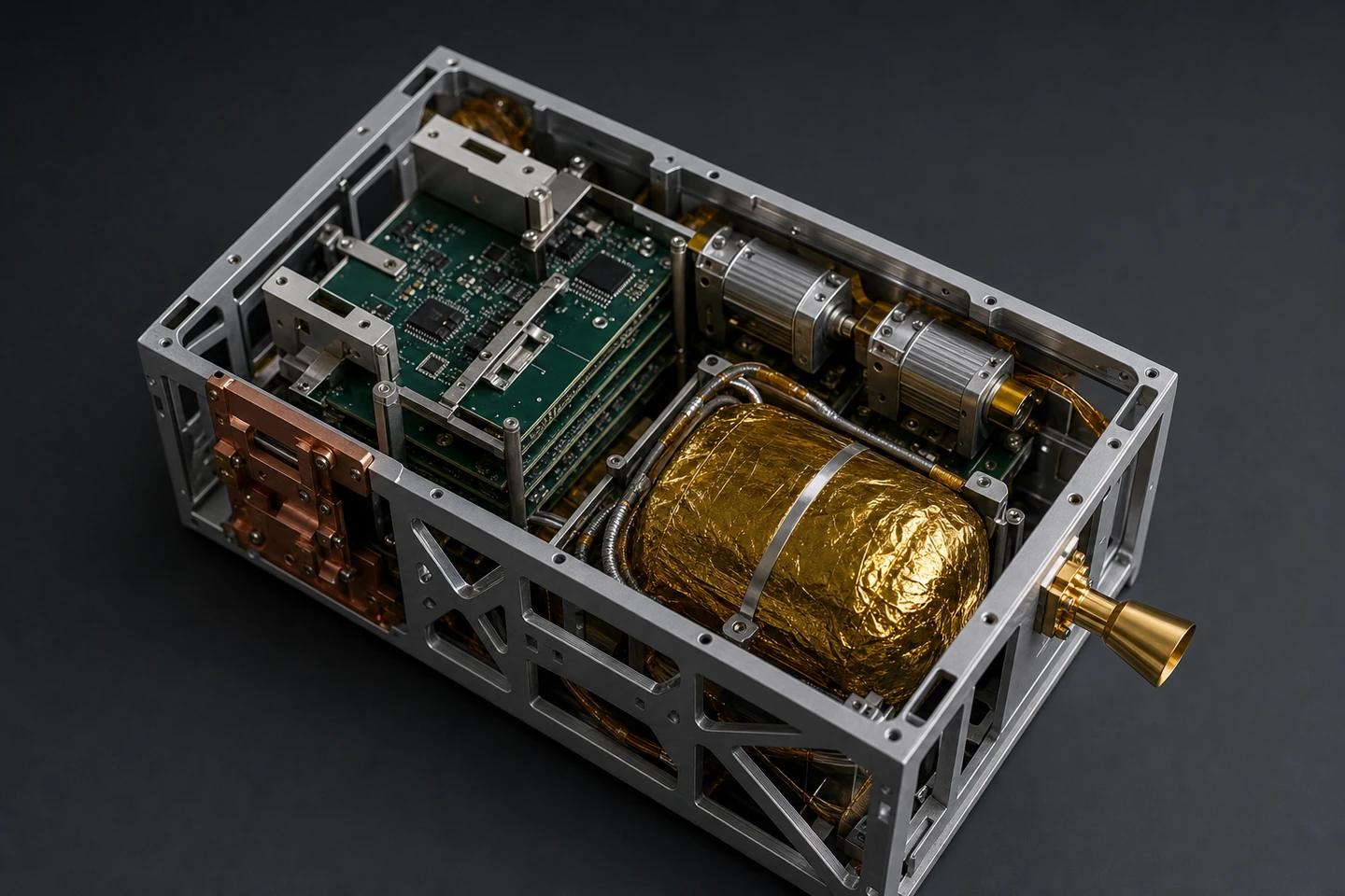 6U cubesat chassis open, exposing avionics, propellant tank, and reaction wheels