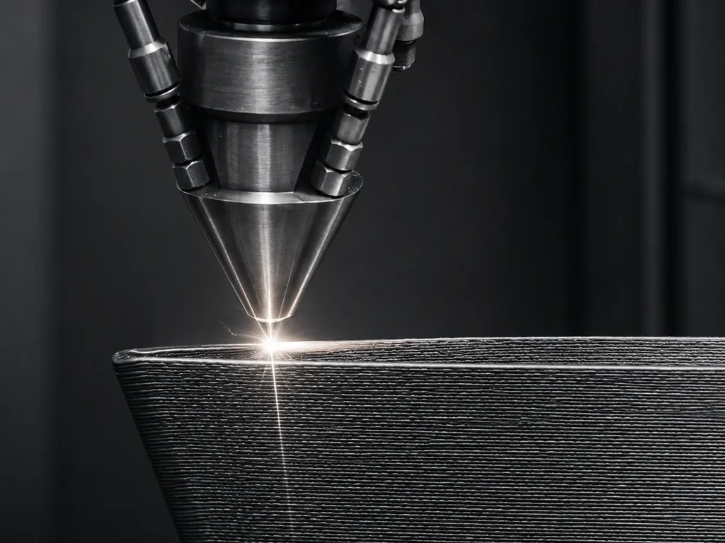 Industrial 3D printer building a part on a heated print bed