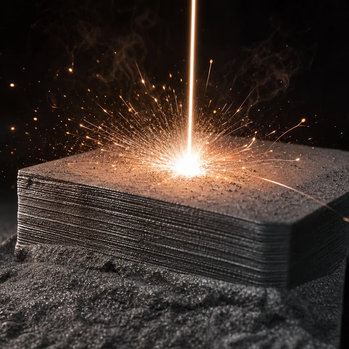 DMLS (Metal Laser Sintering) process — cinematic studio shot