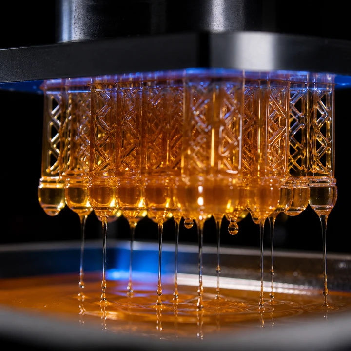 SLA (Stereolithography) process — cinematic studio shot