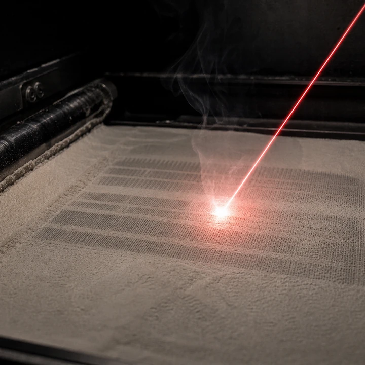 SLS (Selective Laser Sintering) process — cinematic studio shot
