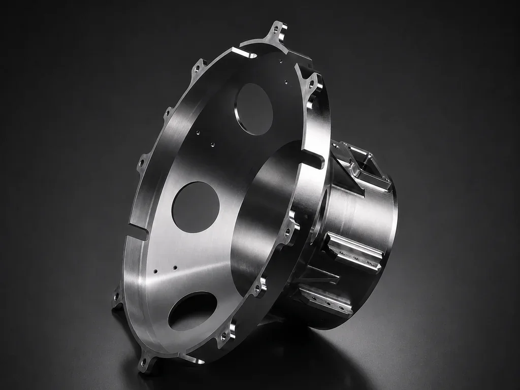 CNC-machined aluminum bell-housing with brushed face, bored ports, and stepped cylindrical body