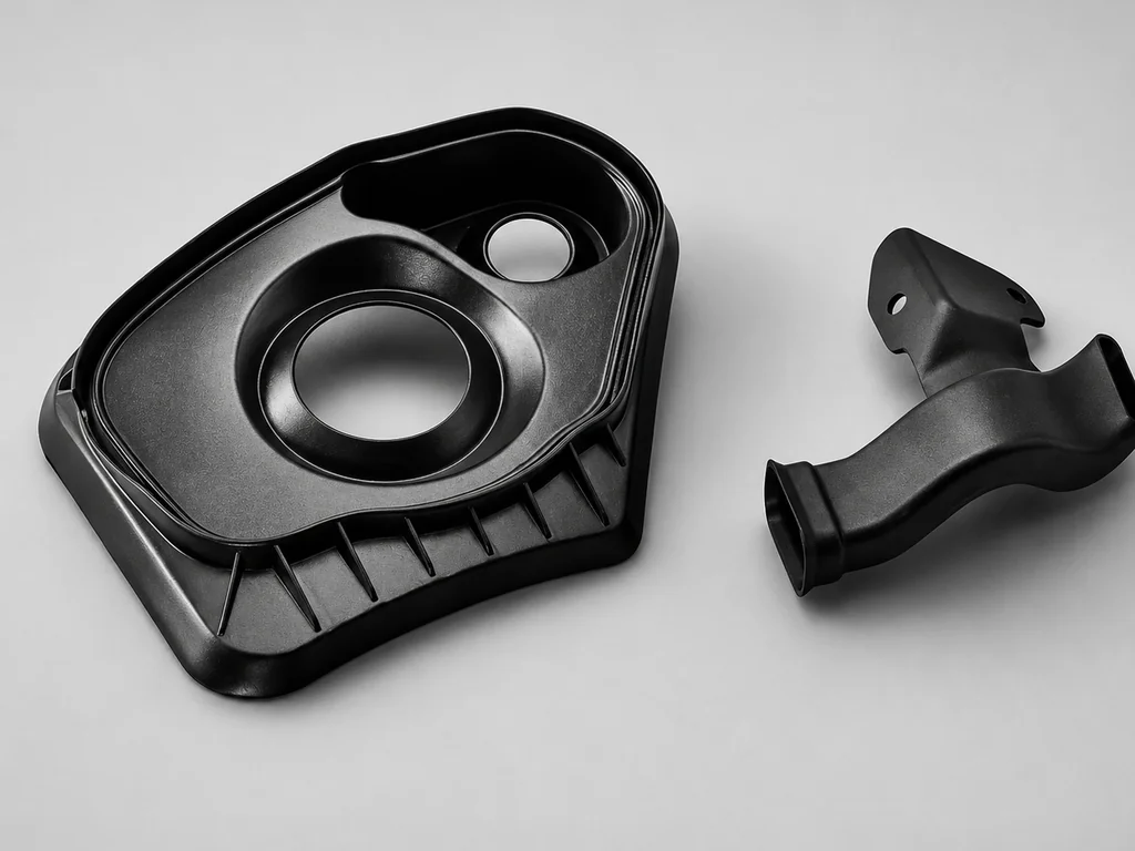 Injection-molded plastic parts — production samples on a workshop surface