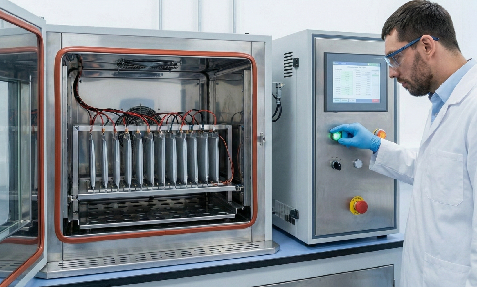 Battery cell tester rack in environmental chamber with cells under cycle test