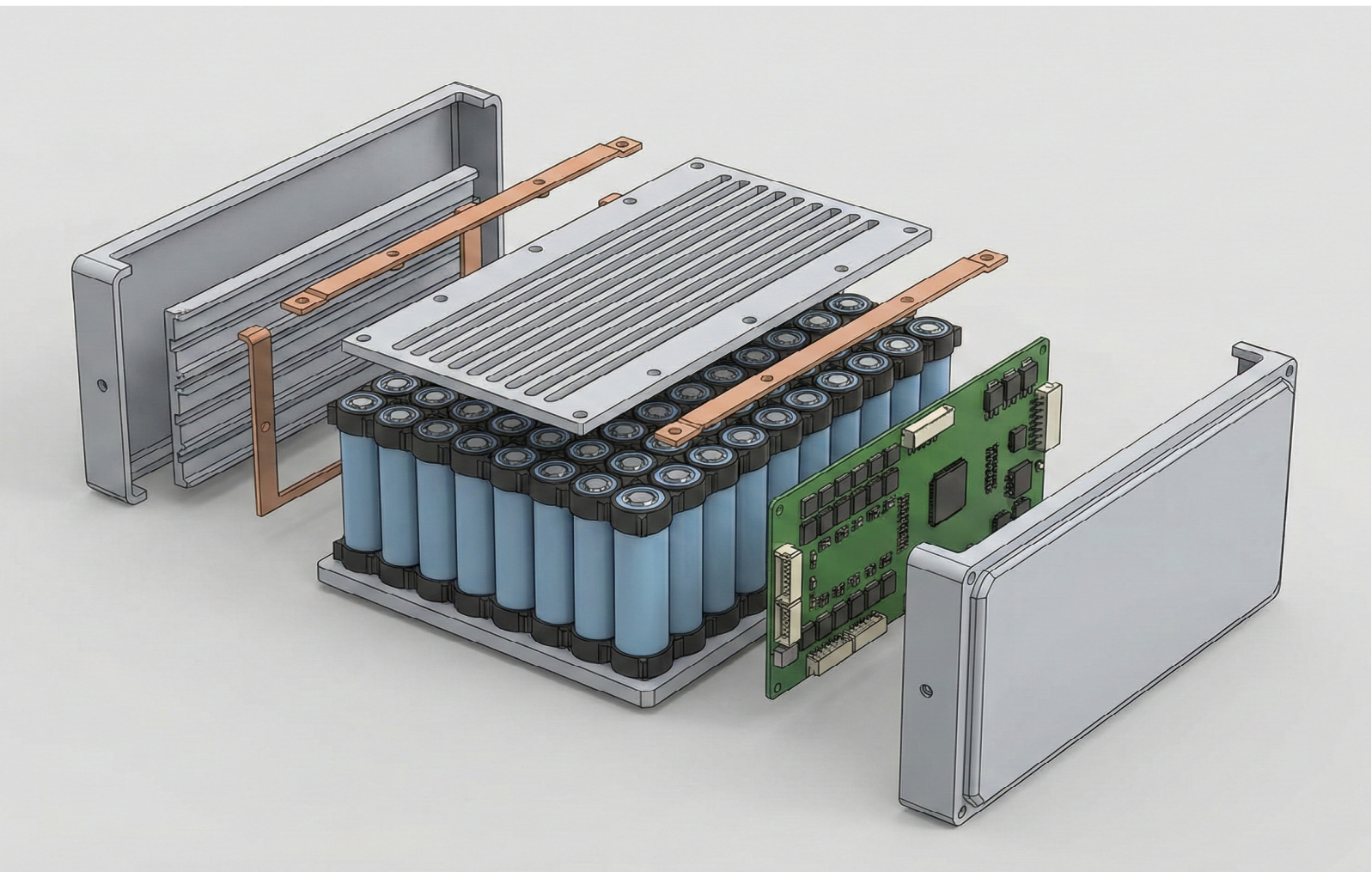 Cell-to-module-to-pack assembly stages with battery module cross-section and finished pack