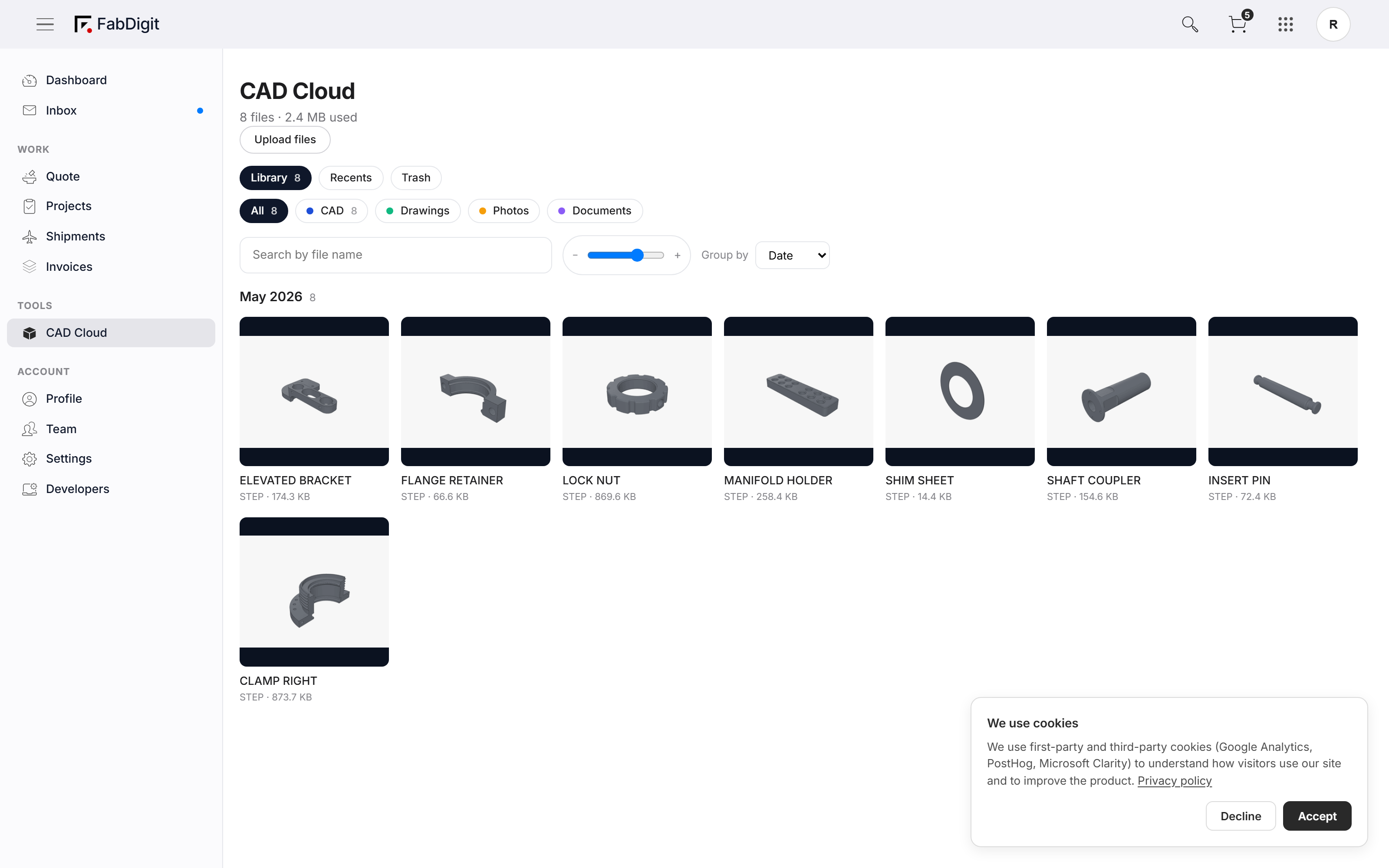 CAD Cloud Library view — grid of part thumbnails grouped by month with filter chips and selection rail.