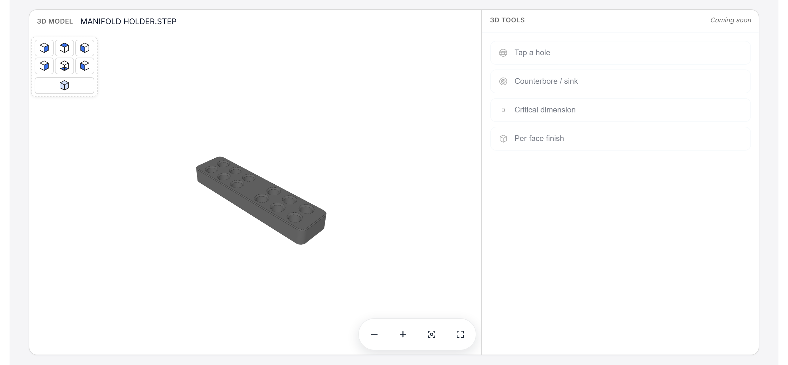 3D viewer with multi-axis presets, zoom controls, and per-face inspection tools.