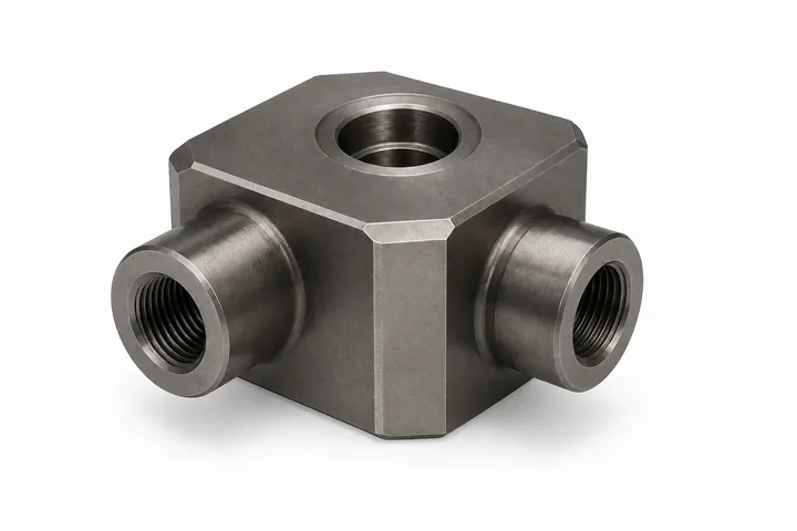 5-axis CNC-machined titanium manifold fitting with ported sealing faces