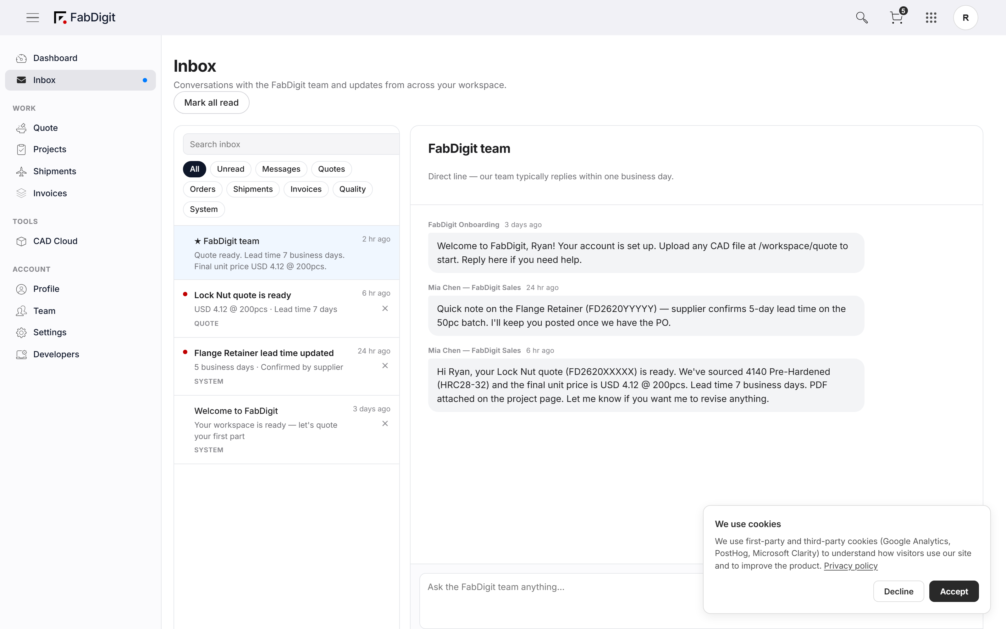 Inbox UI — category filter chips on top, thread list on the left, conversation pane on the right.