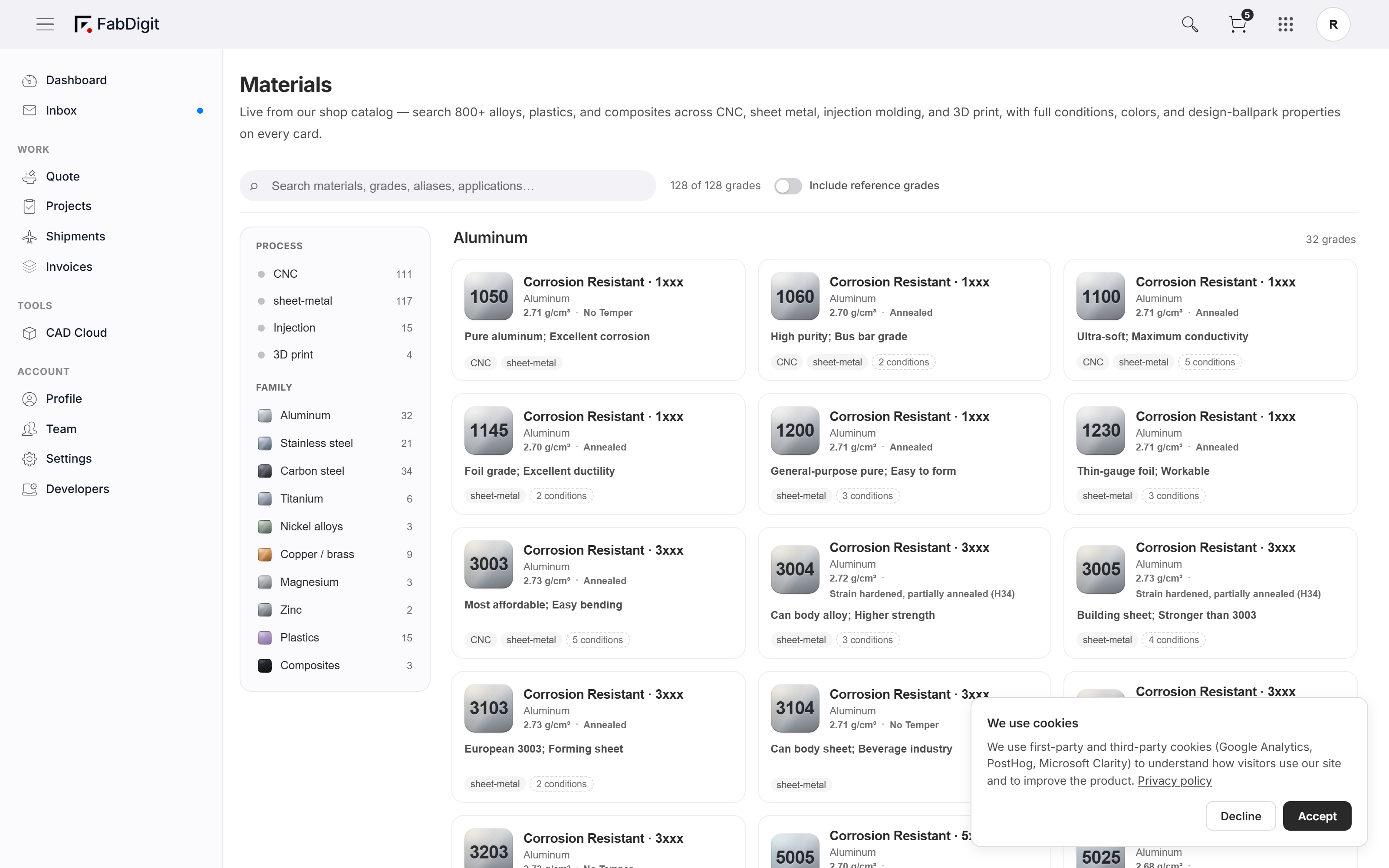 Materials picker — tiered selector (Family → Grade → Temper) with searchable grade list.
